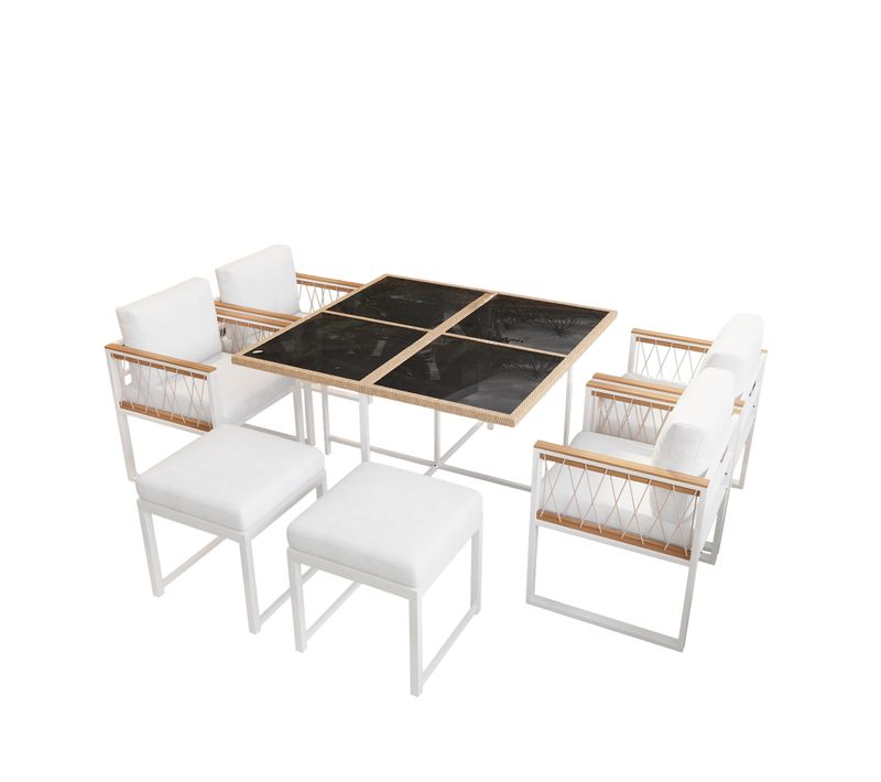 Ensemble Salon De Jardin 7 Pièces 1 Table Verre 6 Chaises En Bois 6 Places Tissu Amovible Bois