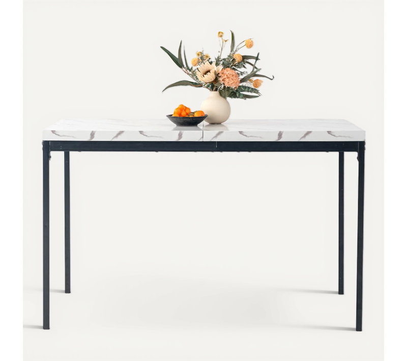 Table Extensible 120 Cm Effet Marbre, Pieds En Métal Noir, Table Repas Moderne Gain De Place