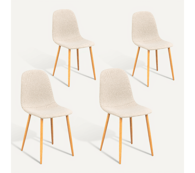 Lot De 4 Chaises Repas Tissu Bouclé Beige Pieds Métal Effet Bois