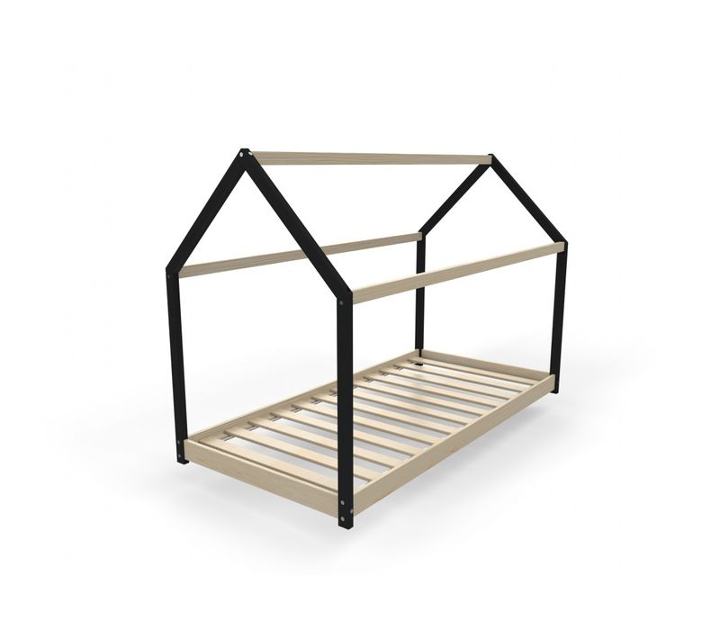 Lit Cabane Enfant 90x190cm Bois Massif Pandou Laqué Noir Et Naturel Inclus Sommier
