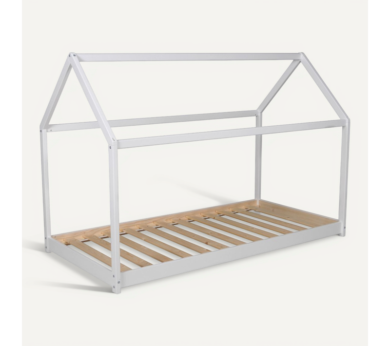 Lit Cabane Enfant 90x190cm Bois Massif Pandou Blanc Inclus Sommier