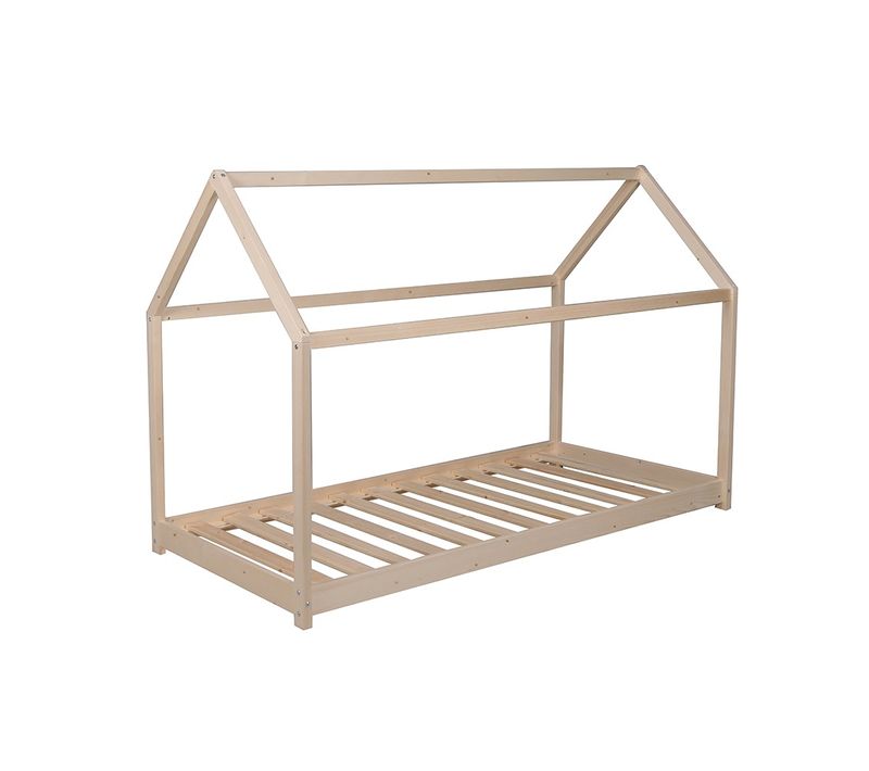 Lit Cabane Enfant 90x200cm Bois Massif Pandou Naturel Inclus Sommier