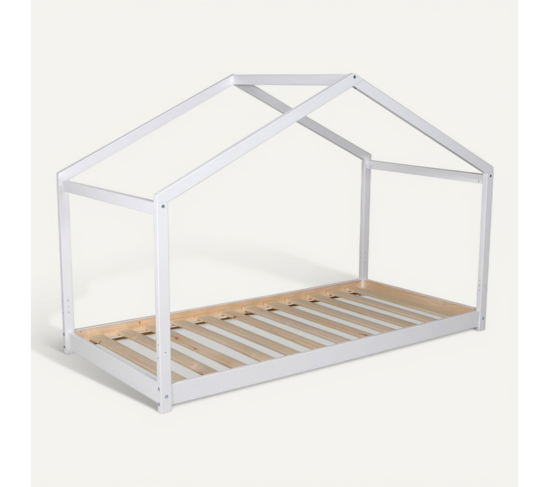 Lit Cabane Enfant 90x190cm Bois Massif Kito Blanc Inclus Sommier