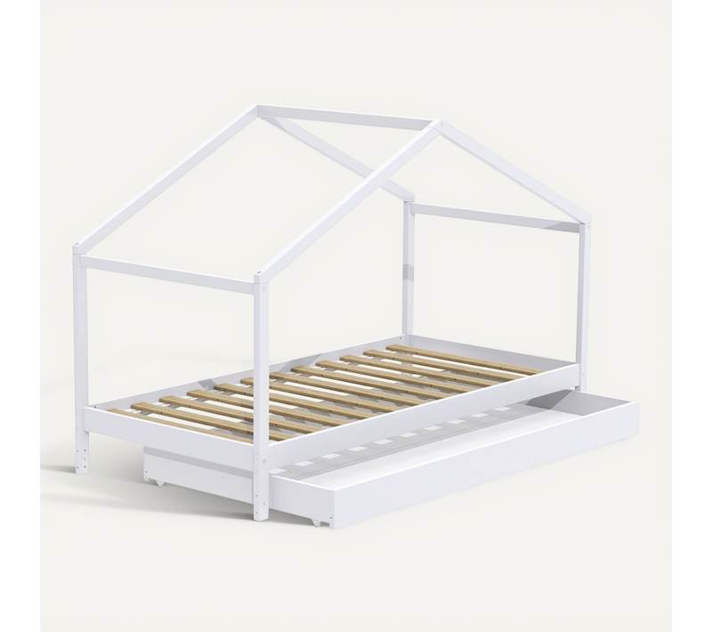 Lit Cabane Enfant 90x190cm Bois Massif Kito Blanc Inclus Sommier Et Tiroir