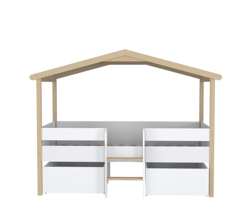 Lit Cabane Hauteur 90x200cm Bois Massif Poli Naturel Blanc Inclus Sommier Et 2 Tiroirs