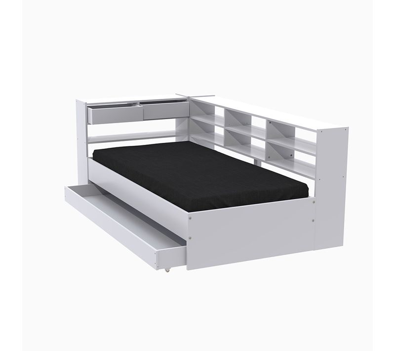 Lit Angle 1 Place 90x190cm Blanc Angel Avec Rangement Inclus Sommier 1 Tiroir Et Étagères