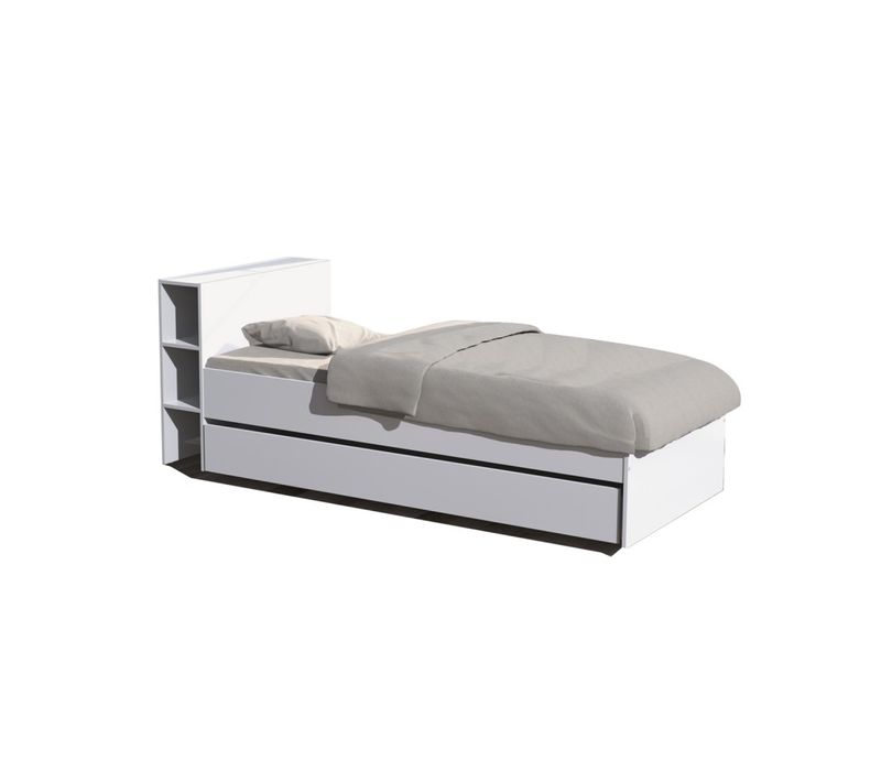 Lit 1 Place 90x190cm Blanc Rogo Inclus Tete De Lit Avec Étageres