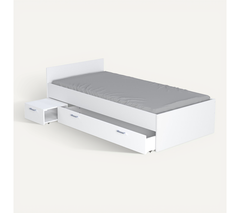 Lit 1 Place 90x190cm Blanc Tido Inclus Chevet Et Tiroir Pour Rangement