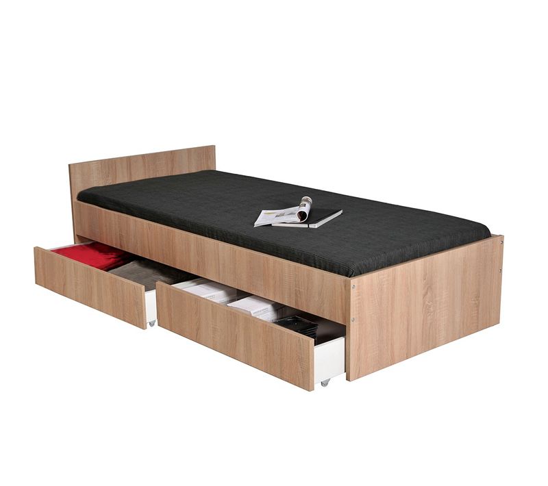 Lit 1 Place 90x190cm Blanc Kiapa Couleur Chêne Inclus Sommier Et 2 Tiroirs Pour Rangement