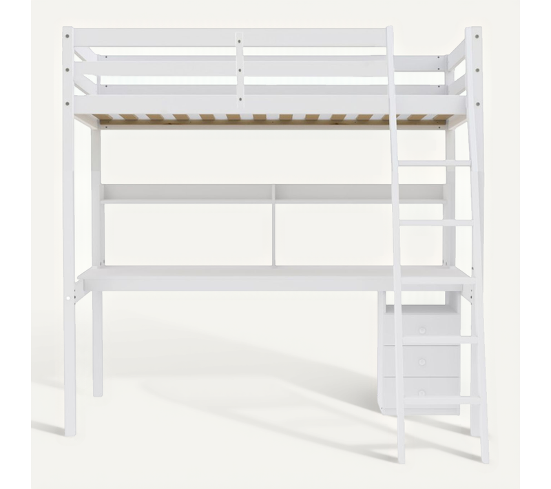 Lit Mezzanine 90x190cm Blanc Sala Avec Bureau Et Commode Incl. Sommier Et échelle