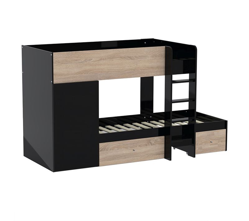 Lit Superposé 90x190 Avec Armoire Et Tiroirs Tweel Noir Et Chêne Incl. 2 Sommiers