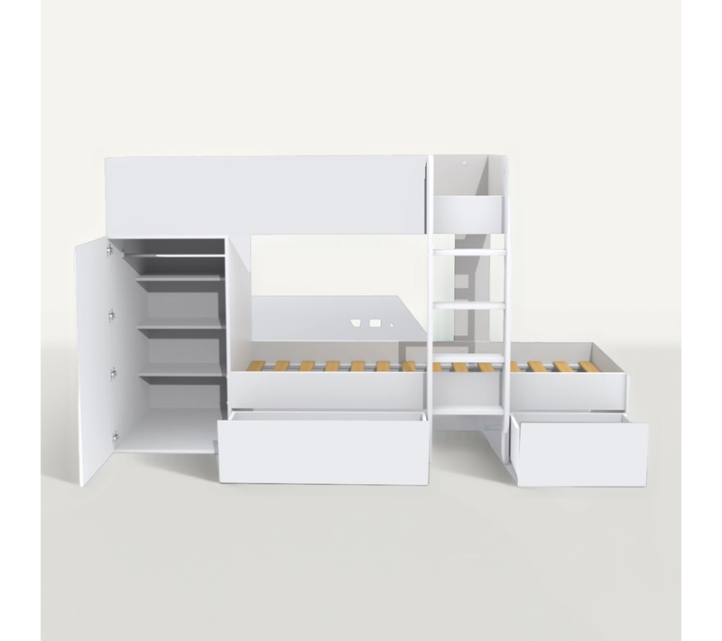 Lit Superposé 90x190 Avec Armoire Et Tiroirs Tweel Blanc Incl. 2 Sommiers