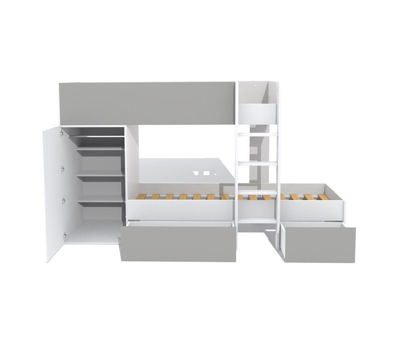 Lit Superposé 90x190 Avec Armoire Et Tiroirs Tweel Gris Et Blanc Incl. 2 Sommiers