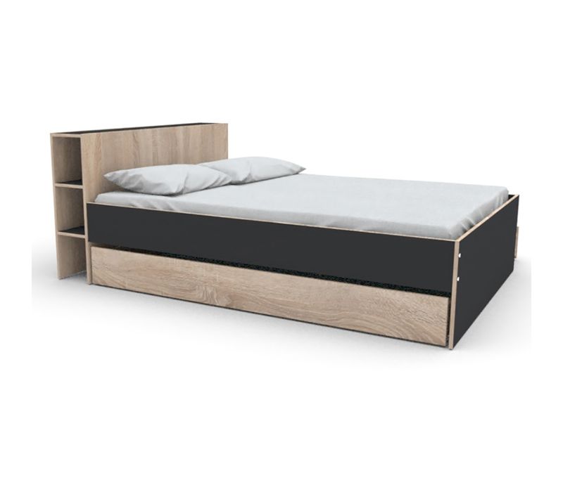 Lit 2 Places 140x190cm Noir Et Chêne Rogo Inclus Sommier Et Tete De Lit Avec Étageres Et 2 Tiroirs
