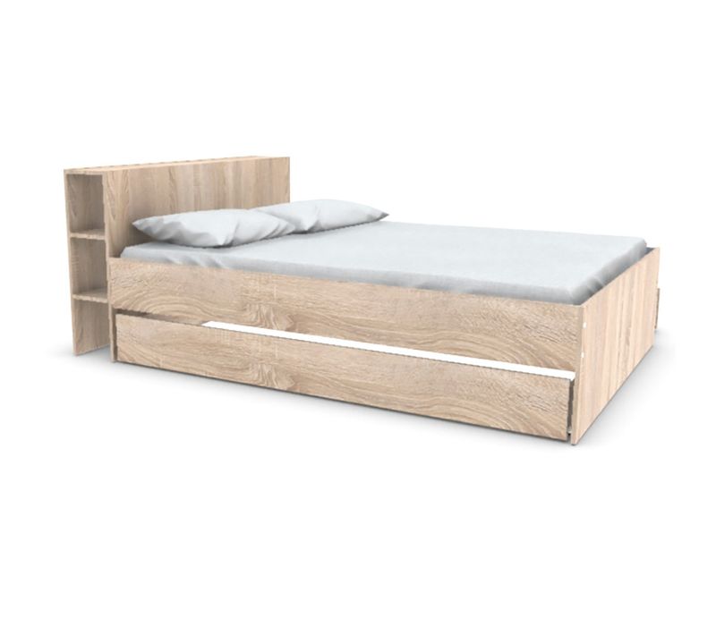 Lit 2 Places 140x190cm Chêne Rogo Inclus Sommier Et Tete De Lit Avec Étageres Et 2 Tiroirs
