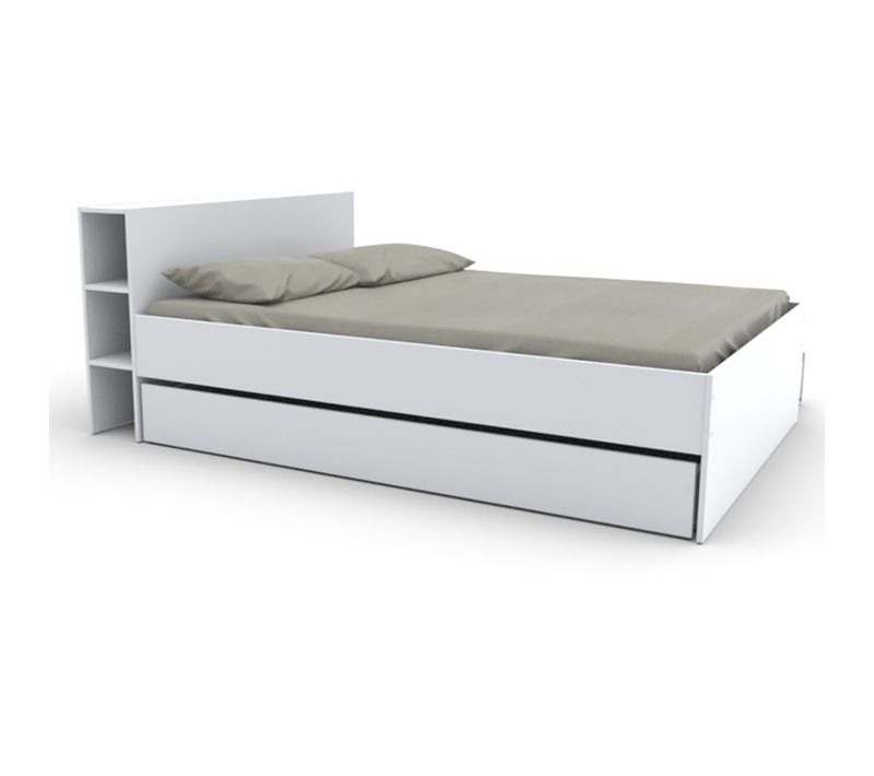 Lit 2 Places 140x190cm Blanc Rogo Inclus Sommier Et Tete De Lit Avec Étageres Et 2 Tiroirs