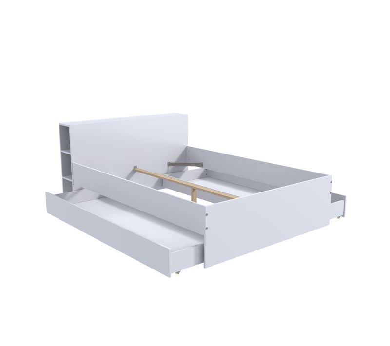 Lit 2 Places 160x200cm Blanc Rogo Inclus Sommier Et Tete De Lit Avec Étageres Et 2 Tiroirs