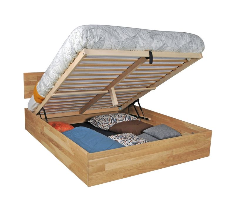 Lit Coffre 2 Places 180x200cm Chêne Massif Huilé Avec Sommier Mali