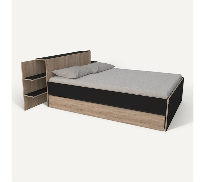 Lit 2 Places 140x190cm Chêne Et Noir Cita Inclus Sommier Et Tete De Lit Chevet Et Tiroir