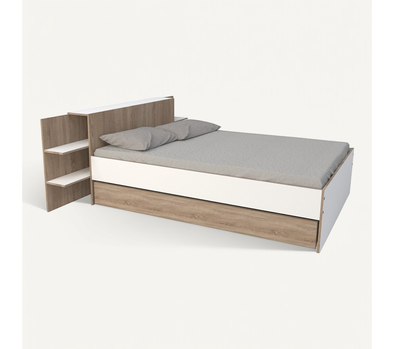 Lit 2 Places 140x190cm Blanc Et Chêne Cita Inclus Sommier Et Tete De Lit Chevet Et Tiroir