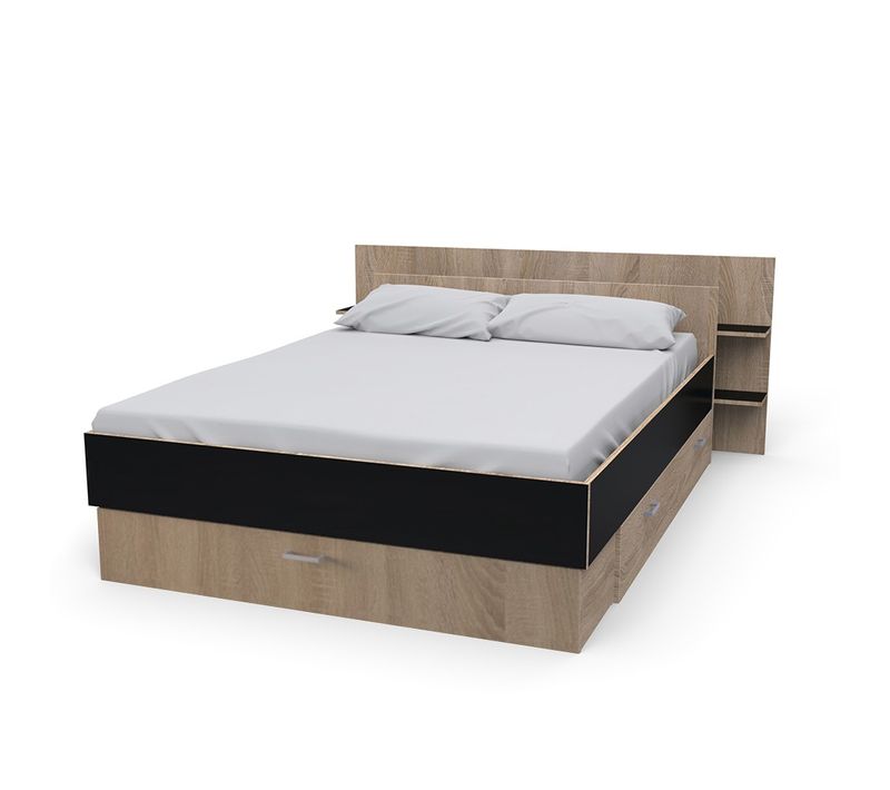 Lit 2 Places 140x190cm Chêne Et Noir Sand Inclus Sommier Et Tete De Lit Et 2 Tiroirs