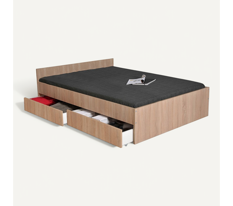 Lit 2 Places 140x190cm Couleur Chêne Kiapa Inclus Sommier Et 2 Tiroirs Pour Rangement