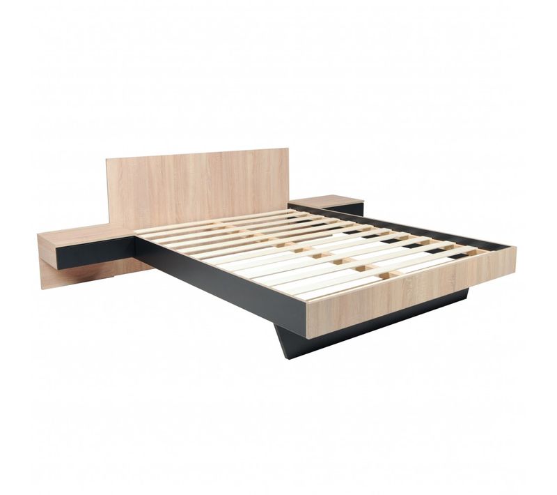 Lit 2 Places 140x190cm Noir Et Chêne Cail Inclus Sommier Et 2 Chevets
