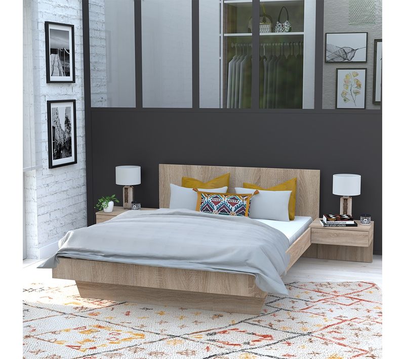 Lit 2 Places 140x190cm Couleur Chêne Cail Inclus Sommier Et 2 Chevets