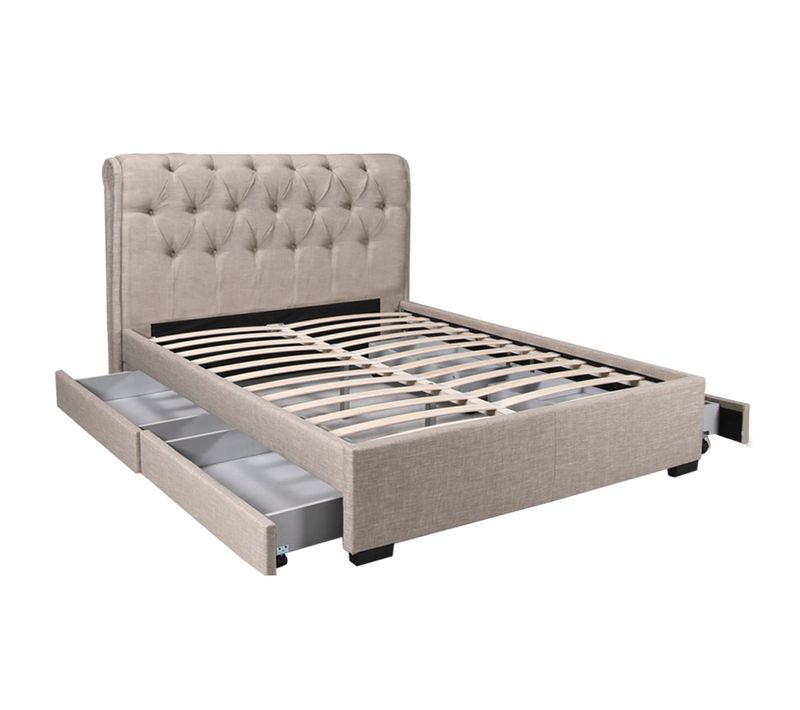 Lit 2 Places 140x190cm Chalin Beige Avec Tête De Lit Inclus Sommier Et 4 Tiroirs Pour Rangement