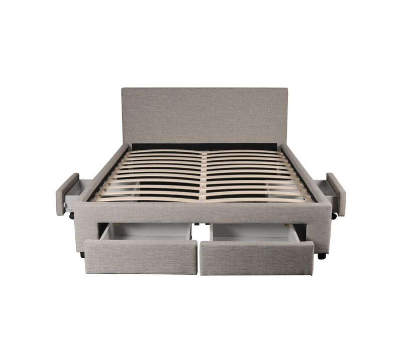 Lit 2 Places 140x190cm Tissu Gris Clair Lougne Inclus Sommier Et 4 Tiroirs