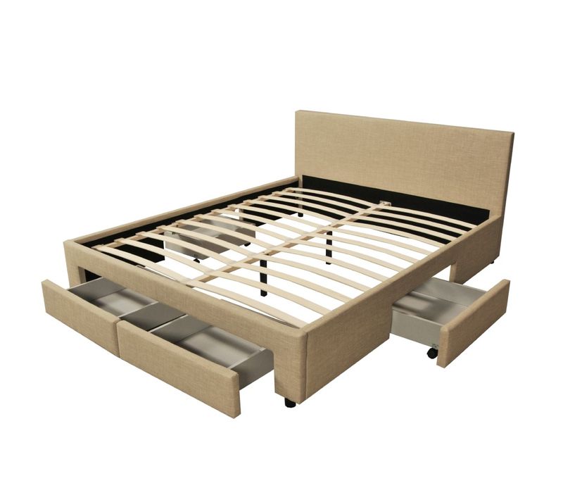 Lit 2 Places 140x190cm Tissu Beige Lougne Inclus Sommier Et 4 Tiroirs