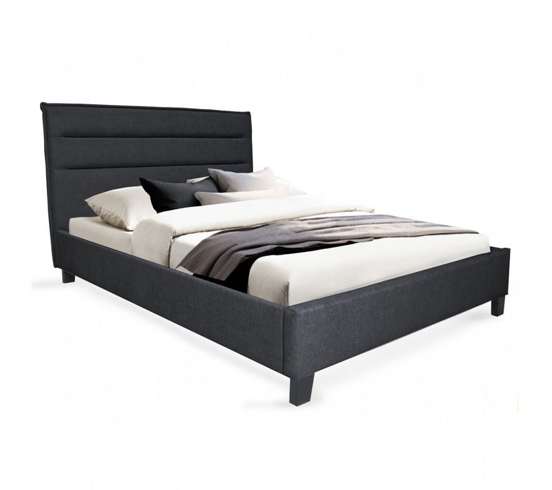 Lit 2 Places 140x190cm Tissu Gris Foncé Avec Sommier Laneau