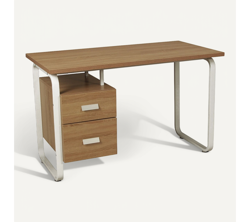 Bureau 120x60cm Couleur Chêne Et Metal Blanc Avec 2 Tiroirs Perle