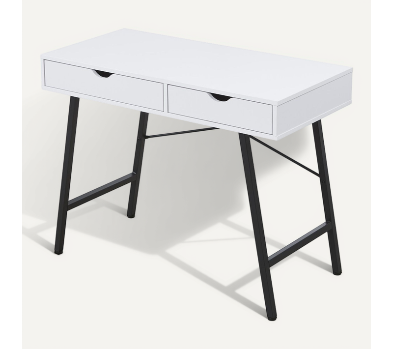 Bureau 100x48cm Couleur Blanc Et Metal Noir Batin Avec 2 Tiroirs