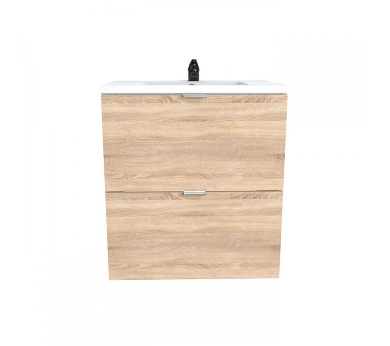Meuble Vasque Salle De Bain Avec Lavabo 60x46x64cm Couleur Chêne Mali 2 Tiroirs