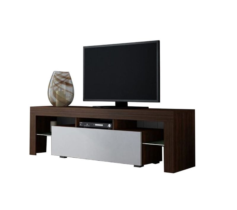 Meuble TV Spider à LED En Noyer Mat Avec Porte Blanc Laqué 160 Cm