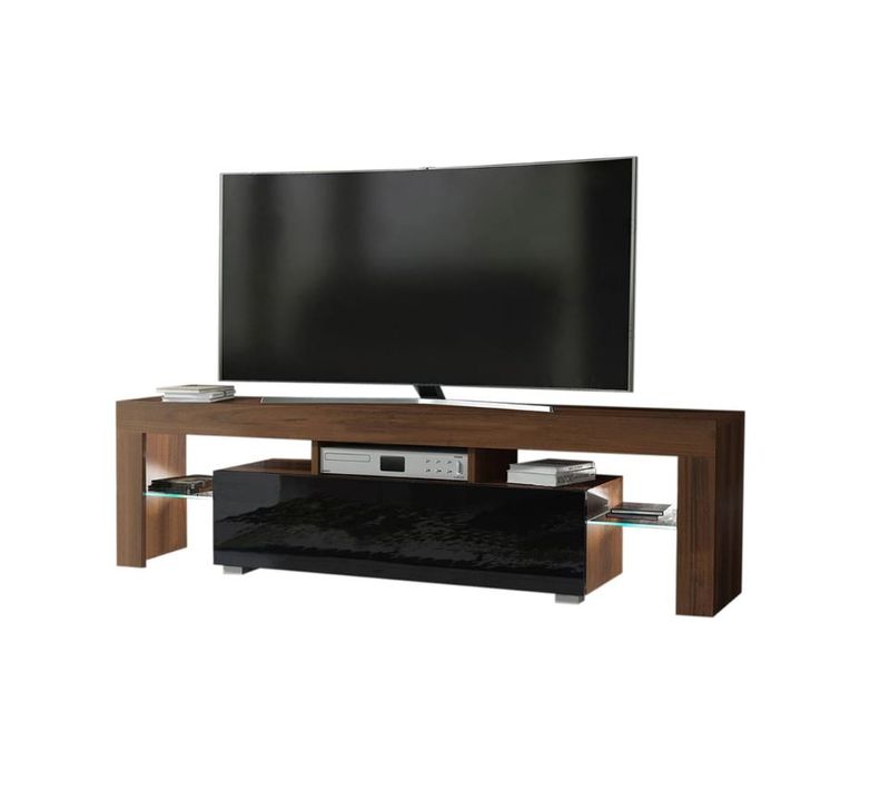 Meuble TV Spider à LED En Noyer Mat Avec Porte Noir Laqué 160 Cm