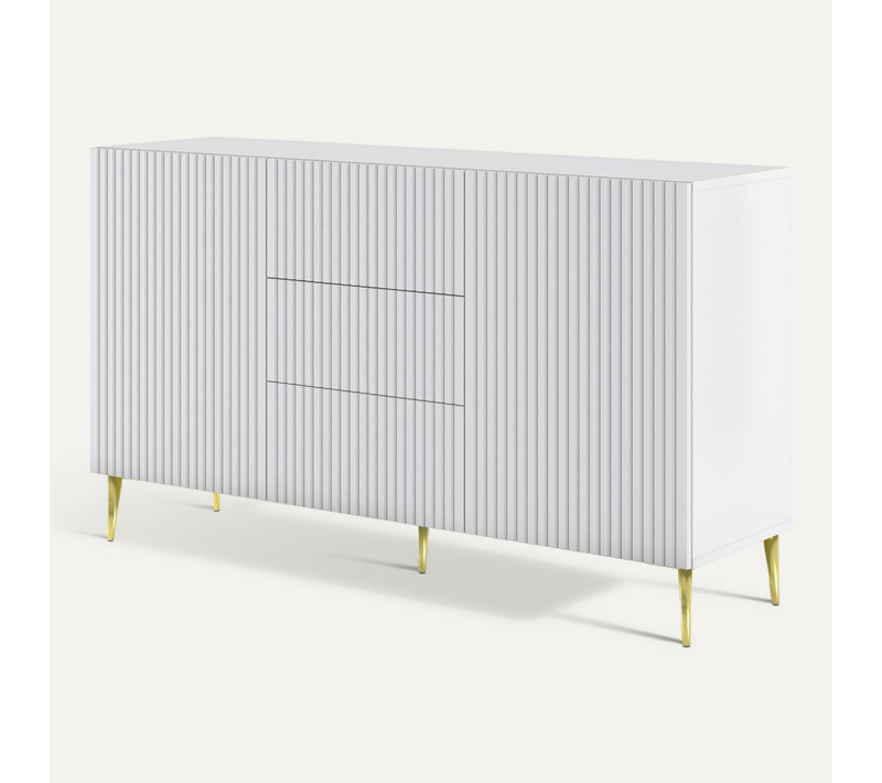 Buffet De Rangement Meuble Universel Blanc Mat 150x42x87 Ravi B Filet 2d3s Pied Or