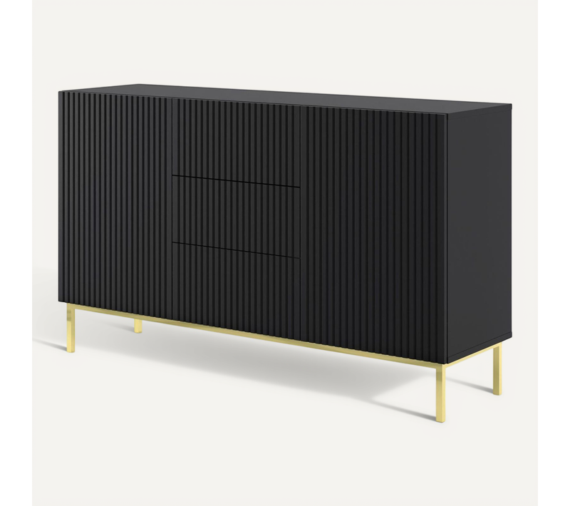 Buffet De Rangement Meuble Universel Noir Mat 150x42x89 Ravi B Filet 2d3s Pied Cadré Or