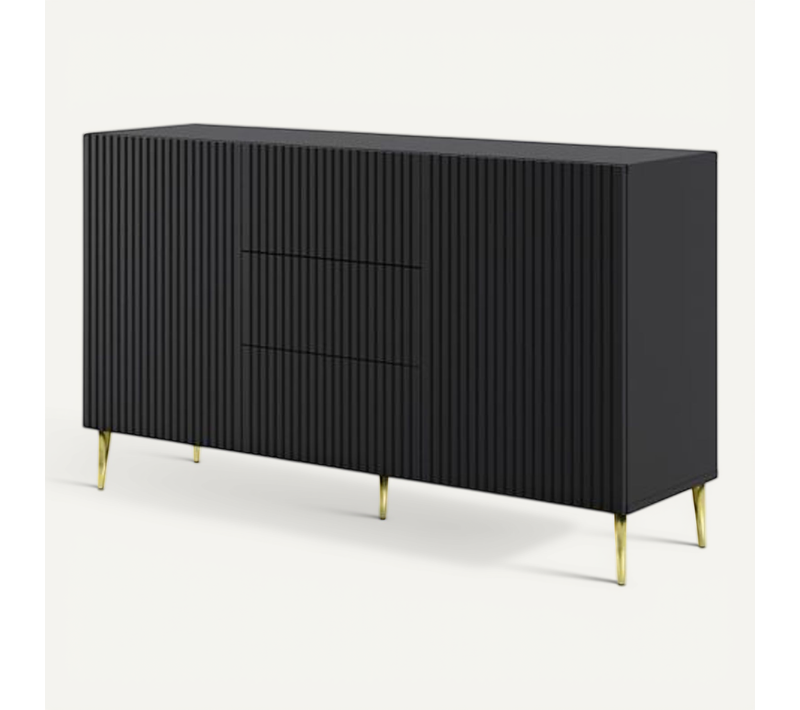 Buffet De Rangement Meuble Universel Noir Mat 150x42x87 Ravi B Filet 2d3s Pied Or