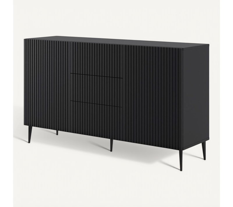 Buffet De Rangement Meuble Universel Noir Mat 150x42x87 Ravi B Filet 2d3s Pied Noir