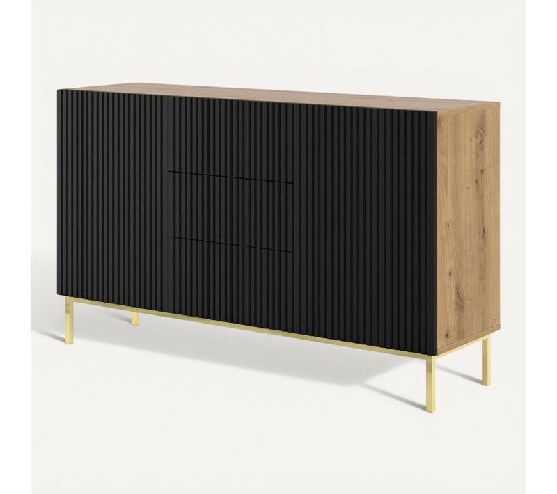 Buffet De Rangement Meuble Couleur Chêne Artisan Mat 150x42x89 Ravi B Filet 2d3s Pied Cadré Or
