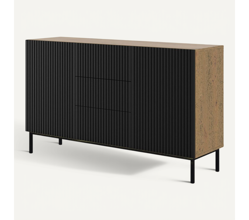 Buffet De Rangement Meuble Couleur Chêne Artisan Mat 150x42x89 Ravi B Filet 2d3s Pied Cadré Noir