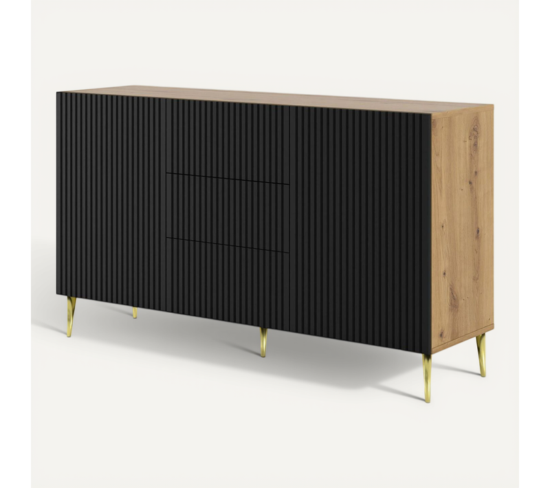 Buffet De Rangement Meuble Couleur Chêne Artisan Mat 150x42x87 Ravi B Filet 2d3s Pied Or