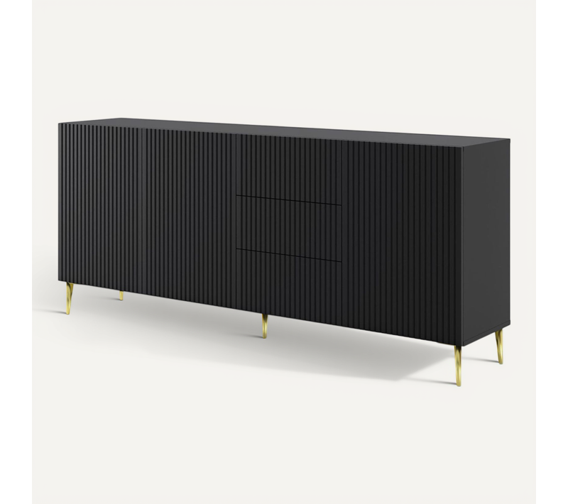 Buffet De Rangement Meuble Universel Noir Mat 200x42x87 Ravi B Filet 2d3s Pied Or