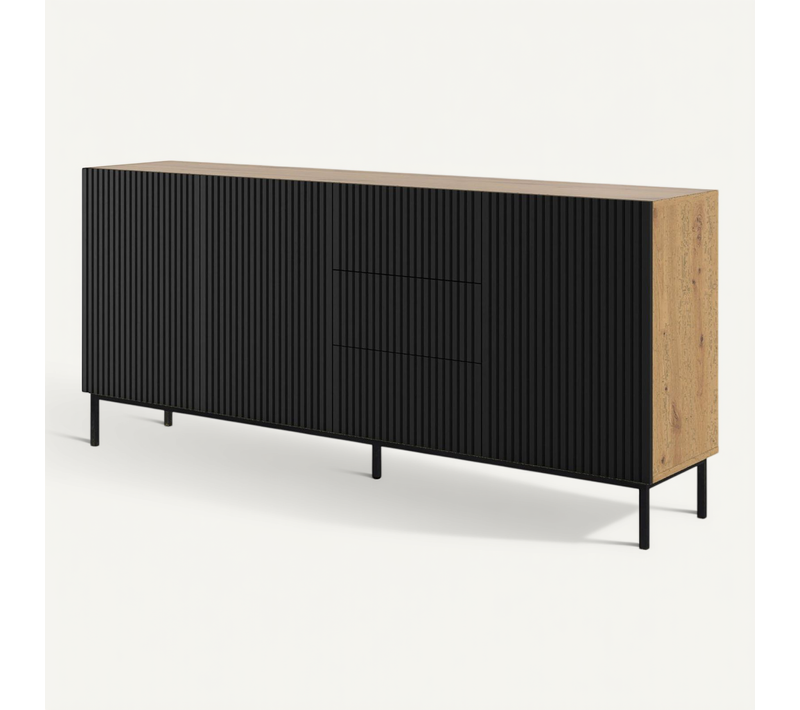 Buffet De Rangement Meuble Couleur Chêne Artisan Mat 200x42x89 Ravi B Filet 2d3s Pied Cadré Noir