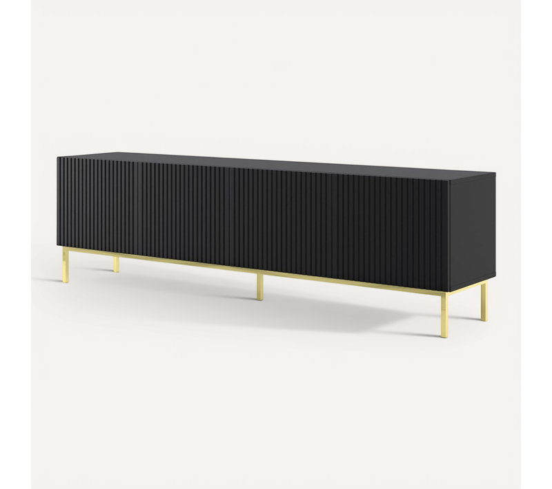 Meuble TV Meuble Hi-fi Sur Pied Noir Mat 200x42x58cm Ravi B Filet Pied Cadré Or