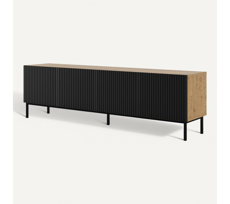 Meuble TV Meuble Hi-fi Sur Pied Couleur Chêne Artisan 200x42x58cm Ravi B Filet Pied Cadré Noir