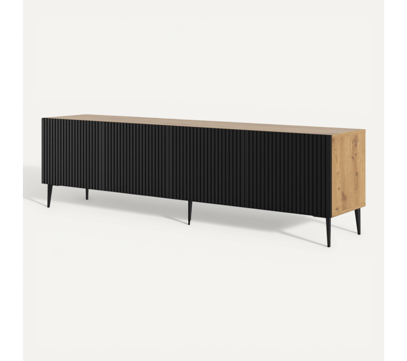 Meuble TV Meuble Hi-fi Sur Pied Couleur Chêne Artisan 200x42x56cm Ravi B Filet Pied Noir
