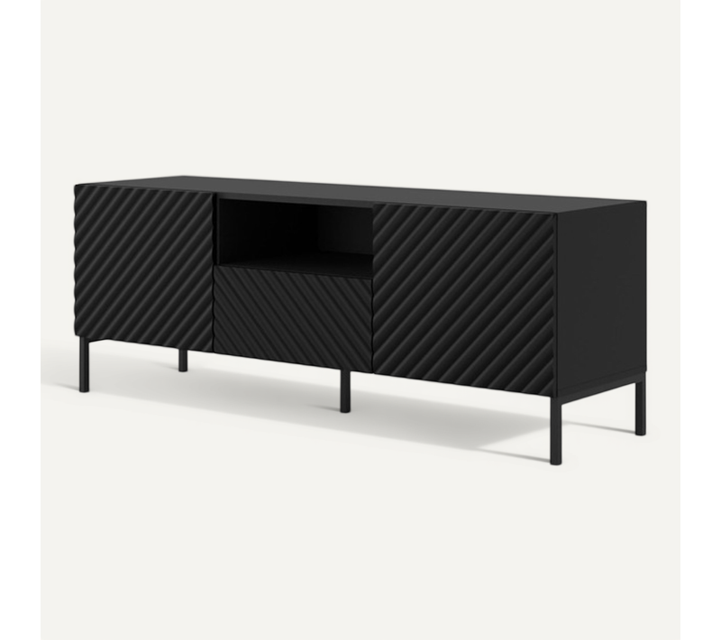 Meuble TV 150x56x42 Cm Noir Mat Surfa 2d1s Meuble Hi-fi Luxueux Sur Pieds Noir